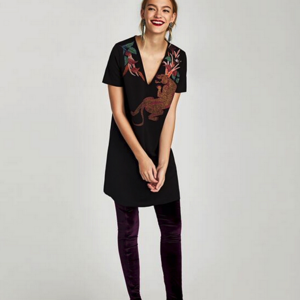 Zara Black Printed Dress short Sleeves size S - Picture 1 of 8
